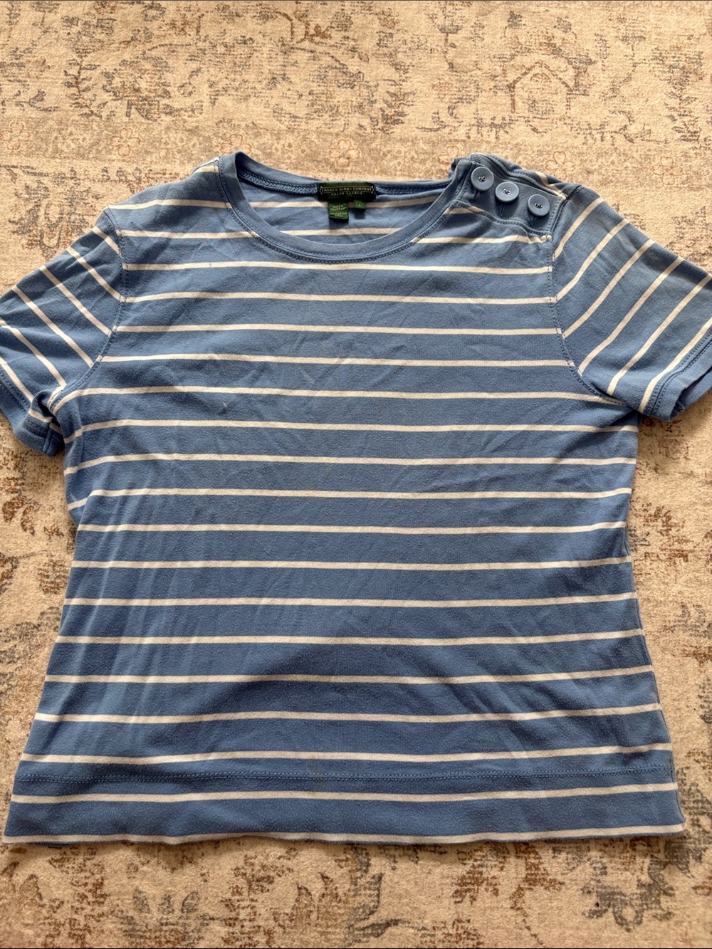 Ralph Lauren Jeans Company Striped Cotton Tee with Cotton Buttons in Blue & Whit